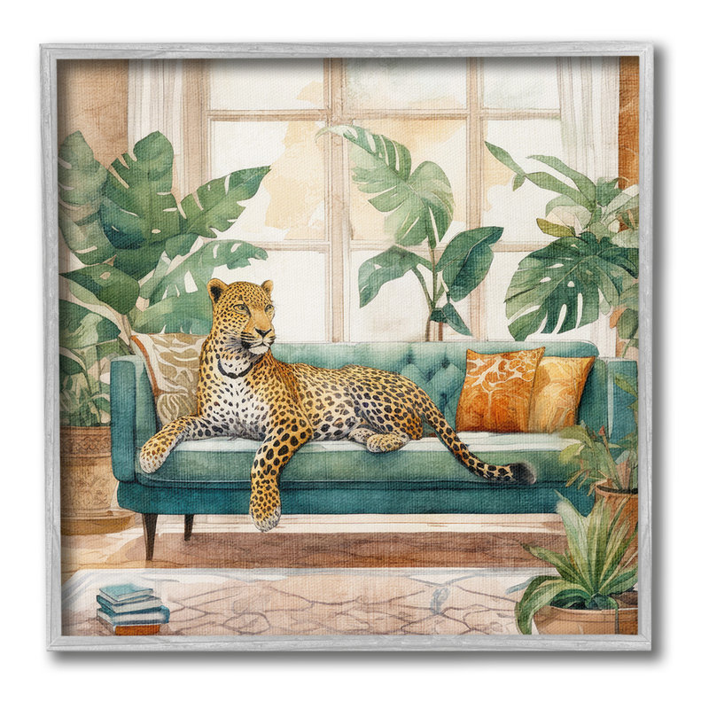 «Leopard & House Plants», art de la giclée encadrée par Kim Allen, Giclée encadrée blanc bord de mer, H 17 po x l 17 po