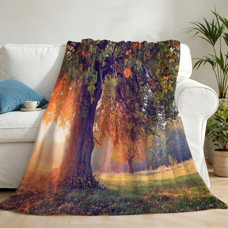 Jeté en flanelle orange, molleton ultra doux, paysage d'automne avec imprimé recto, Jeté 50 po x 60 po