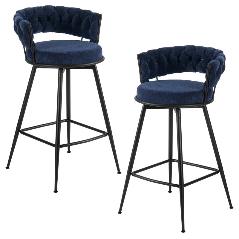 Modern Blue Upholstered Bar Stool With Woven Look Backrest & Fixed Black Metal Frame Stable Counter Height Stool For Kitchen Breakfast Bar Or Cafe, Set Of 2