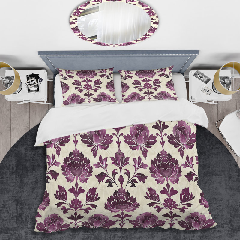 Ensemble de housse de couette mauve à motif floral damassé mauve et glamour I