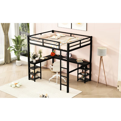 Lit mezzanine noir avec bureau - structure en métal pour une chambre à coucher attrayante et un espace de rangement durable