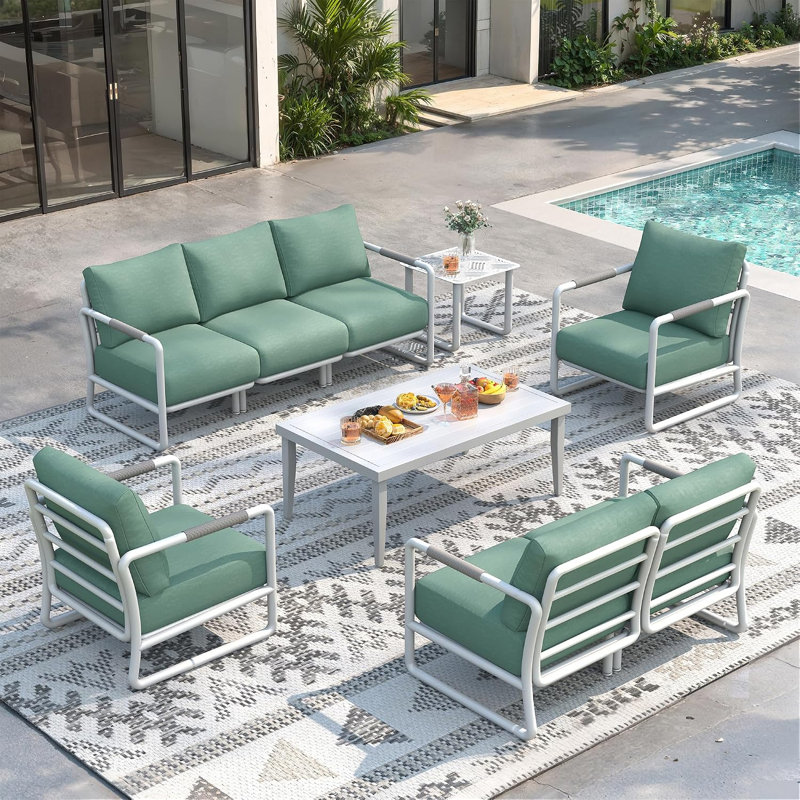Modern 6-Piece Outdoor Patio Conversation Set with Steel Frame, Includes 3-Seat Sofa, Loveseat, 2 Armchairs, 1 side table and 1 Coffee Tables for Backyard, Garden, White