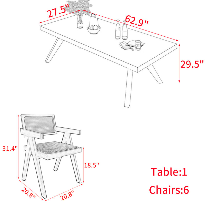 Modern rectangular solid wood dining table set, 29.5"H x 62.9"L x 27.5"W