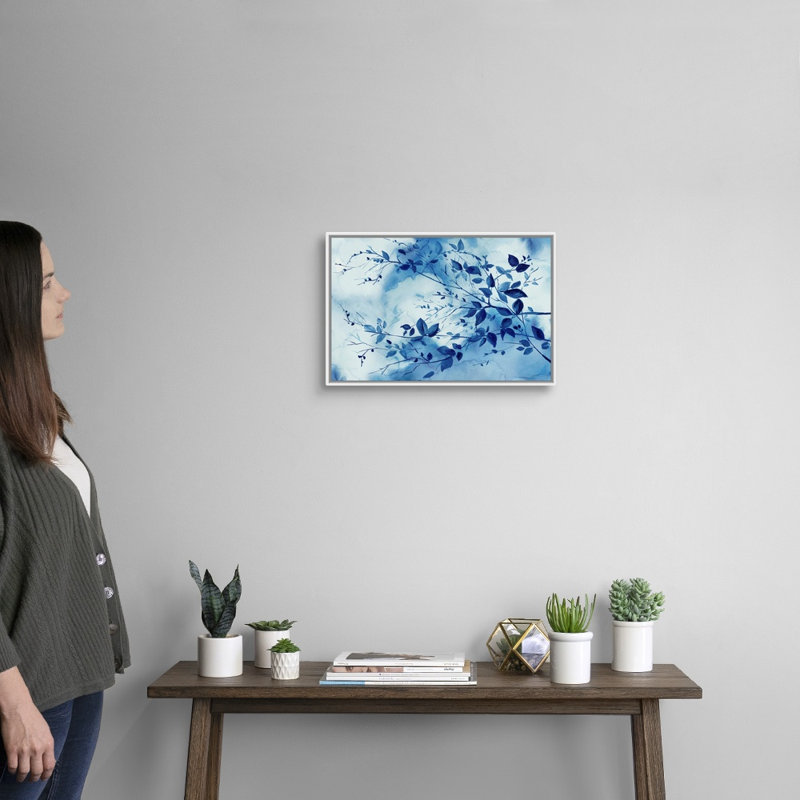 Indigo Branches, art mural sur toile, Toile avec cadre blanc, H 14 po x l 20 po