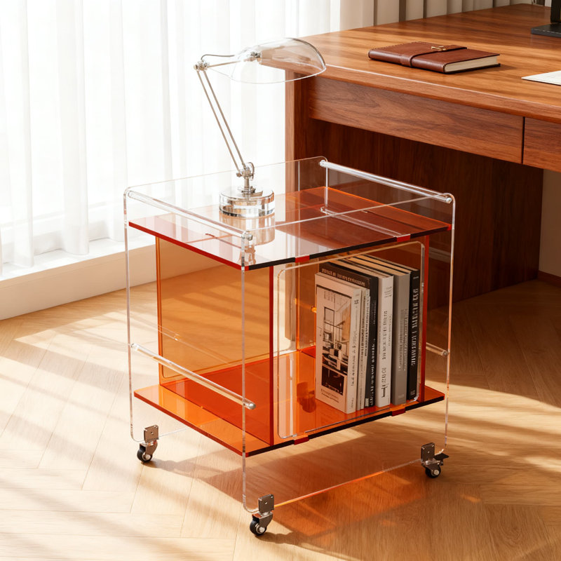 Table d'appoint roulante transparente en acrylique avec tablette de rangement - Table de bout mobile moderne avec roulettes pour le salon, la chambre à coucher et le bureau