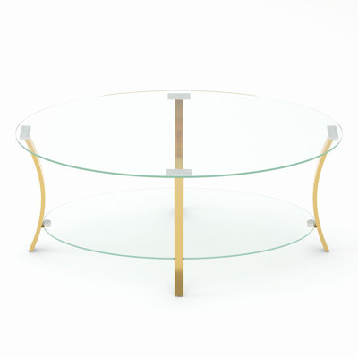43.3"Modern Oval Glass Coffee Table with Metal Legs,Transparent Tempered Glass,Double Glass Layer Storage, Luxury Center Table for Living Room, Bedroom and Office