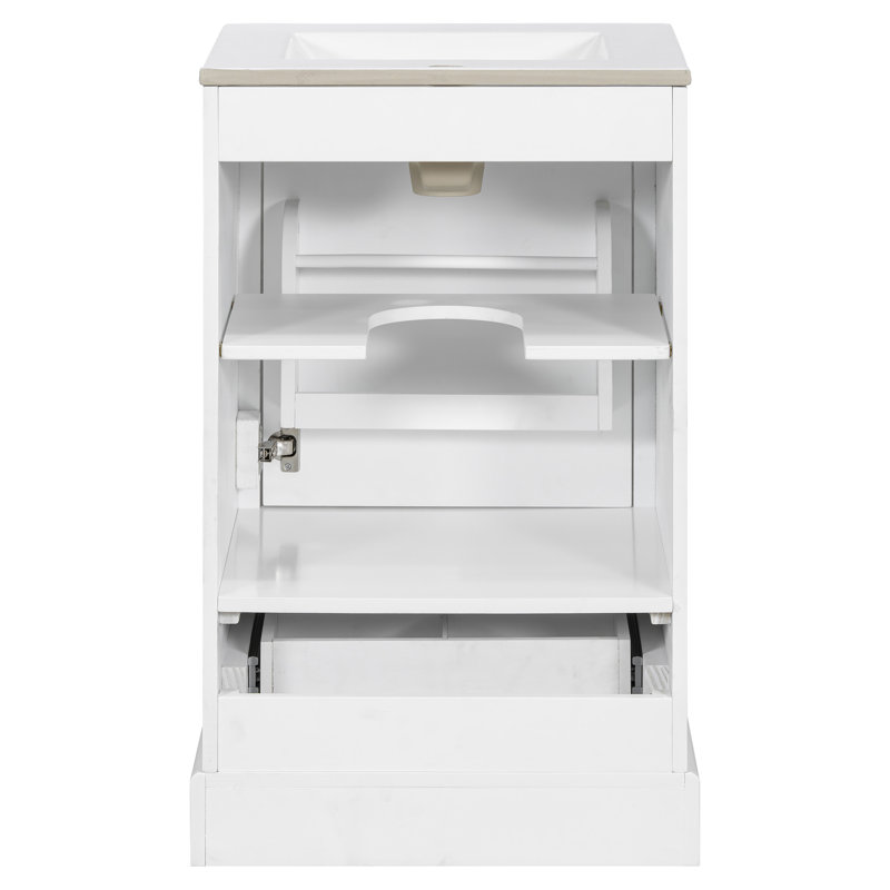 Meuble-lavabo simple de 20 po avec plateau en céramique, tablette ajustable en U et tiroir divisé, Blanc