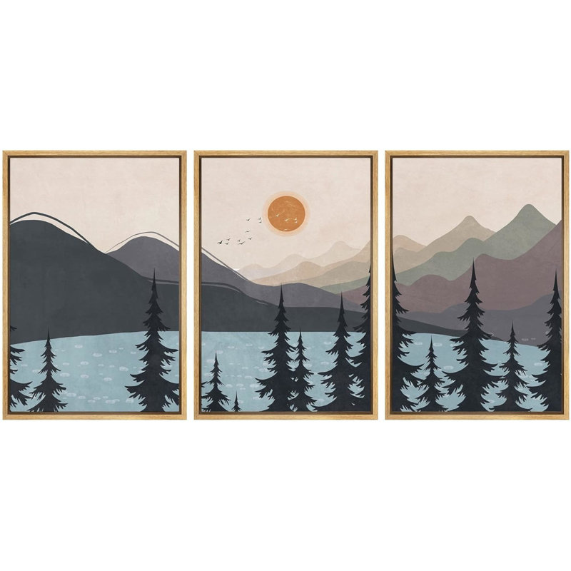 «Pine Tree Mountain Forest Lake on Canvas», reproduction de 3 pièces, H 24 po x l 48 po x P 1,5 po