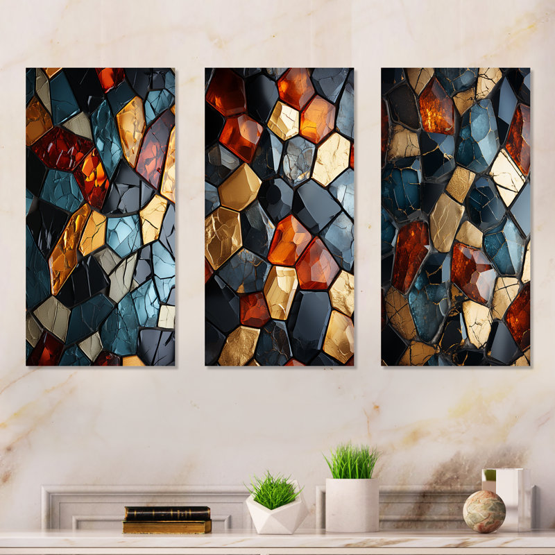 Carrelage mosaïque cubique doré et bleu I, H 32 po x l 48 po