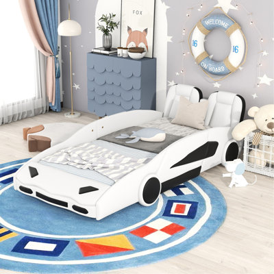 Twin Size Race Car-Shaped Bed In White - Comfortable And Stable Resting Place Platform With Rotatable Function Wheels Guardrails Functional Protected Bedroom Addition