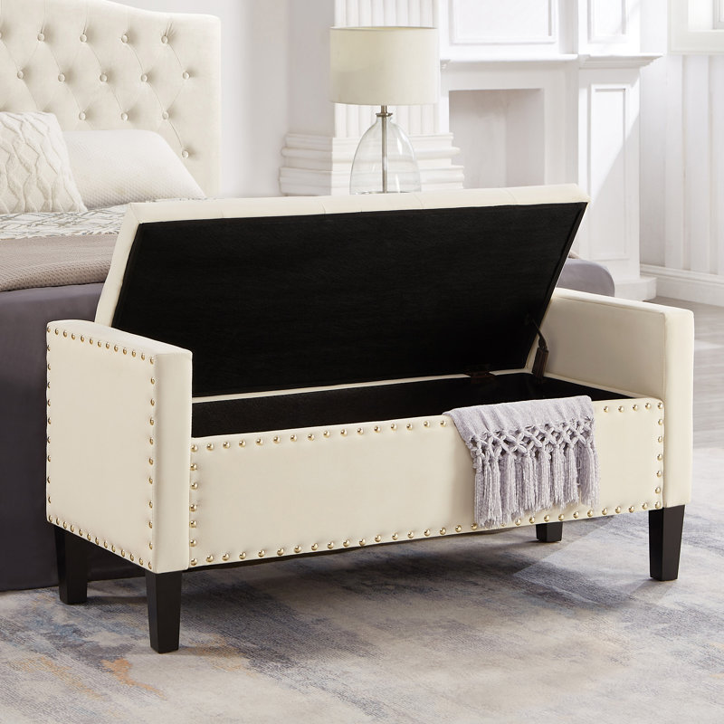 Upholstered Tufted Button Storage Bench With Nails Trim,Entryway Living Room Soft Padded Seat With Armrest,Bed Bench -Navy