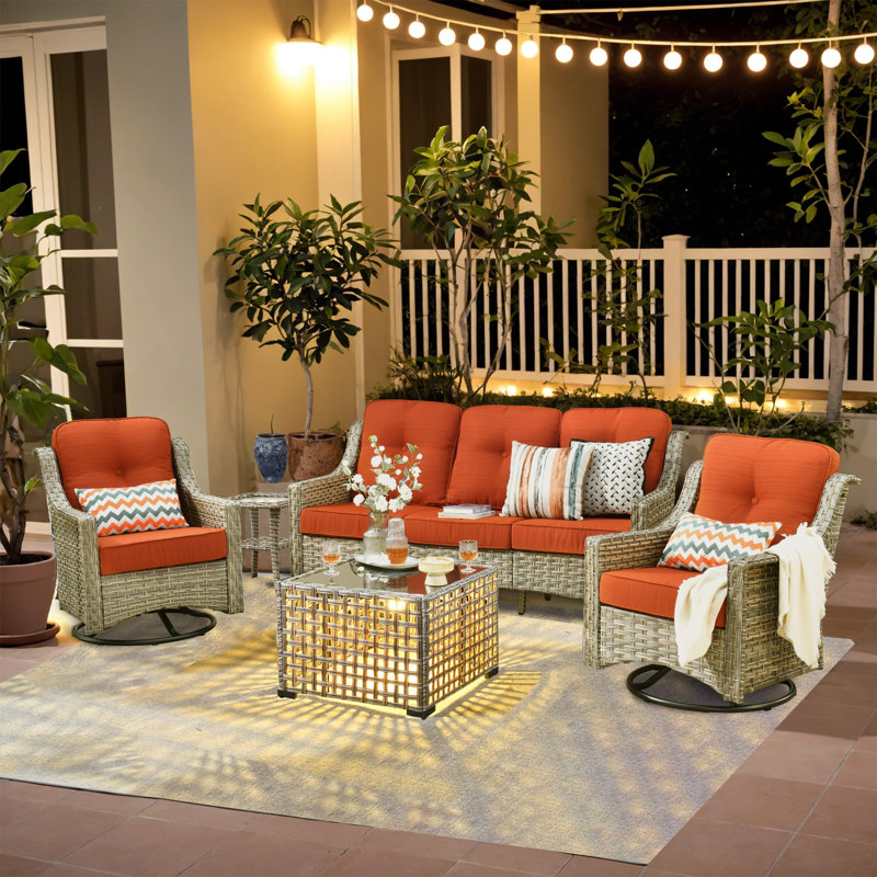 Harper 6 - Person Outdoor Seating Group with Cushions and Solar Powered Coffee Table, Fine-Stripe Orange Red