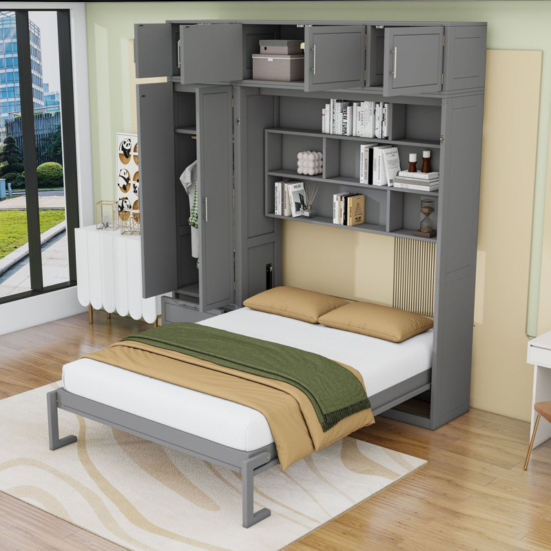 Grand lit escamotable mural 2 tiroirs avec armoires, tablettes et garde-robe, conception pliable, Gris