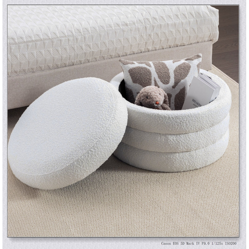 Repose-pieds rond avec rangement en tissu Boucle, Crème, crème