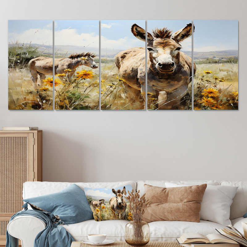 «Donkey Flower Meadow Landscape I - Donkey», ensemble de 5 décorations murales, H 32 po x l 80 po