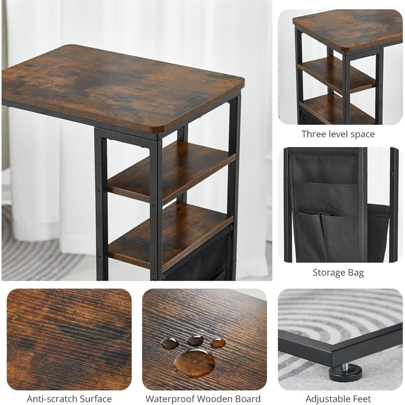 C Shaped End Table for Couch, C Shaped Side Table with Storage Bag, C Table for Sofa with 2 Storage Shelf, Black With Socket