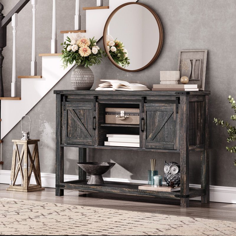 Ordonez 31.9" H Rectangular Console Table with Shelves, Dark Rustic Oak, 31.9" H x 39.4" W x 13.8" D