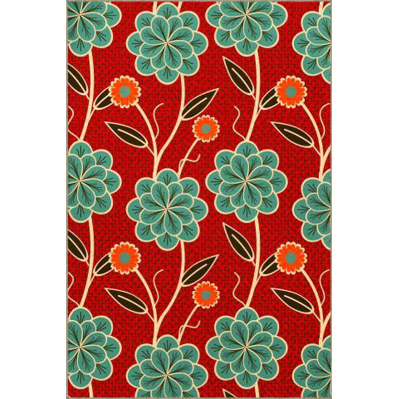 Tapis rouge lavable à la machine à motif floral rouge, Sous-tapis carré 3 pi 3 po inclus