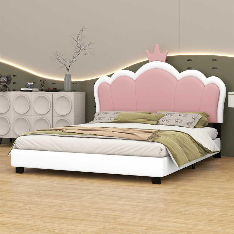 Lit princesse rembourré avec tête de lit couronne, Double, Crème