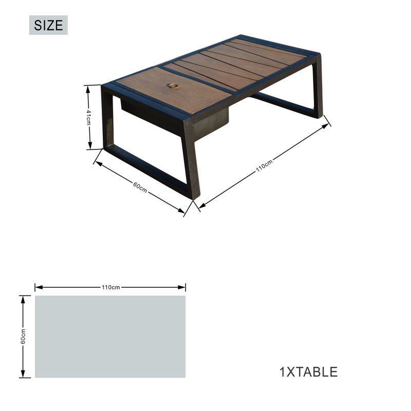 Table basse d'extérieur en métal - Table de patio rectangulaire, L 110 x l 60 x H 41 cm - Design détachable, Brun