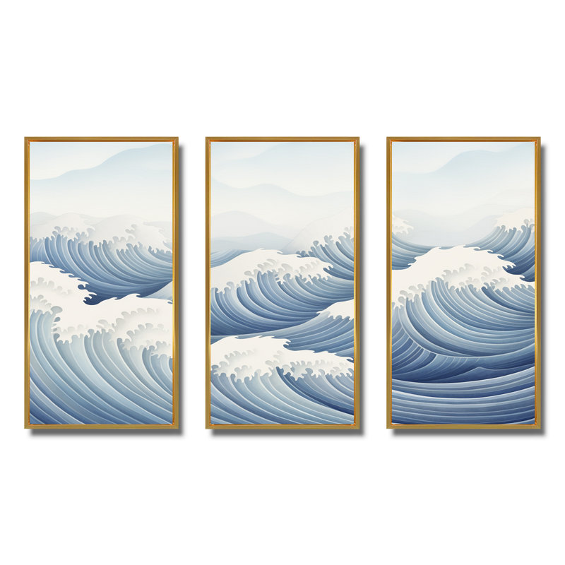 Harmonious Blue Waves Tides - Art mural géométrique, Cadre flottant doré, H 28 po x l 36 po x P 1 po