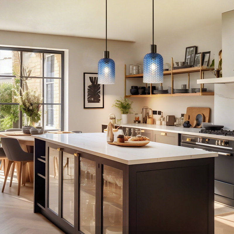  Luminaire suspendu en verre texturé à 1 lumière pour salle à manger Dansby, Noir mat