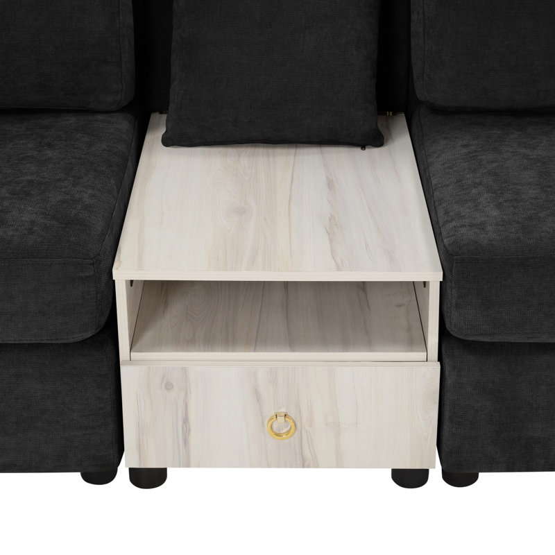 Canapé modulaire en chenille de 127,9 po avec accoudoirs de rangement et console centrale pour le salon, Noir