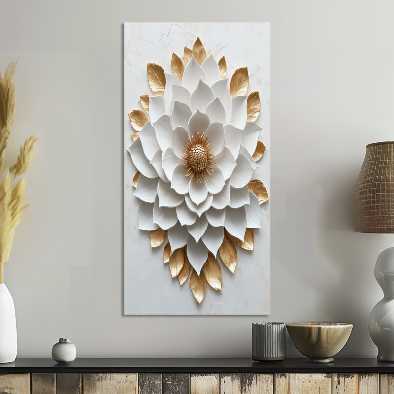 «White Gold Glam Floral Mandala Bloom Art I», reproduction d'art sur toile, art mural printemps, H 40 po x l 20 po