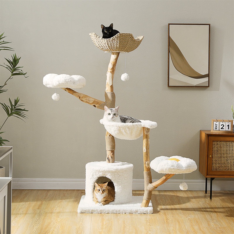 Tour à chat moderne pour grands chats avec 2 perchoirs à fleurs - Poteau à griffer en bois massif naturel avec une vraie branche - Mobilier de chat Boho de luxe avec lit en osier