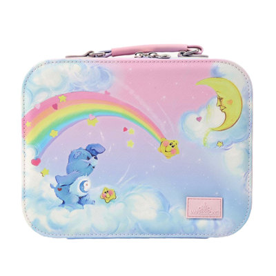 Trousse de maquillage Care Bears en simili cuir saffiano, organisateur de maquillage avec poignée de transport supérieure et cloison amovible, pochette intérieure en filet avec fermeture à glissière, trousse de maquillage