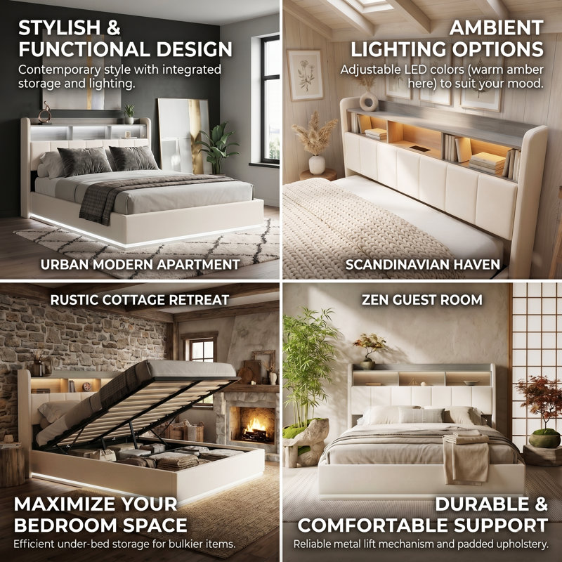 White Velvet Ottoman Bed with LED & Charging Headboard, 2-Tier Storage Shelf, 90/140/160x200cm