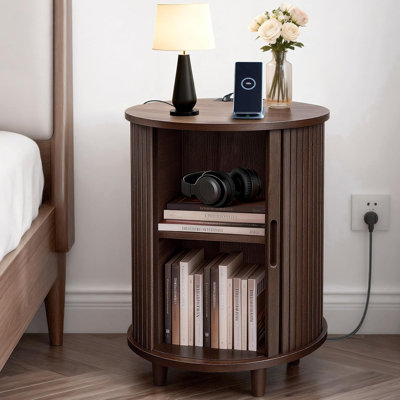 23.6"H Round Fluted End Table With Charging Station & Sliding Door Storage