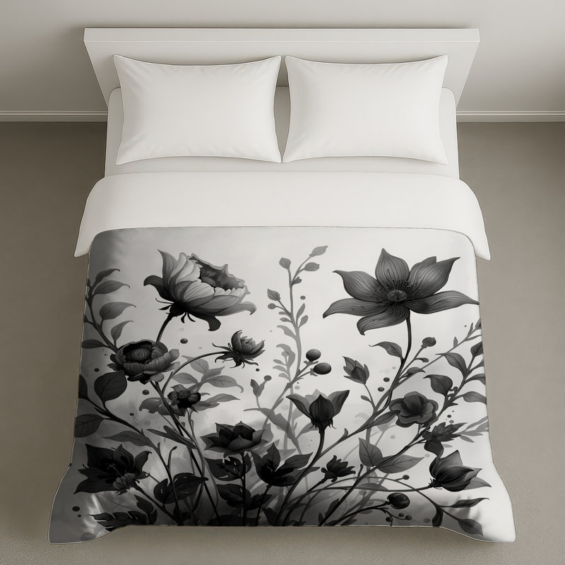 Housses de couette à illustration botanique monochrome, Grand lit