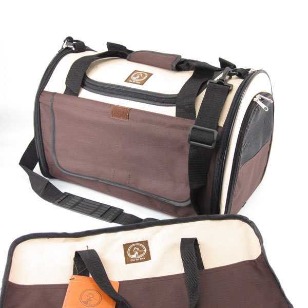 Collapsible Pet Carrier with 1 Door, Cream / Brown, Large (11.5" H x 11.5" W x 17.5" D)