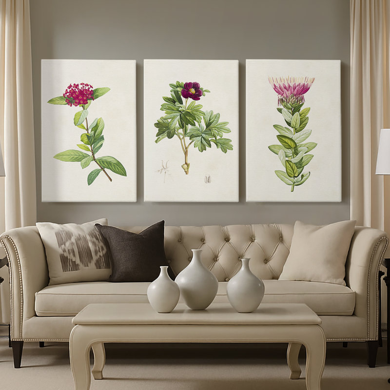 «Pretty Pink Botanicals II», toile tendue sur mesure - 3 pièces, H 12 po x l 24 po