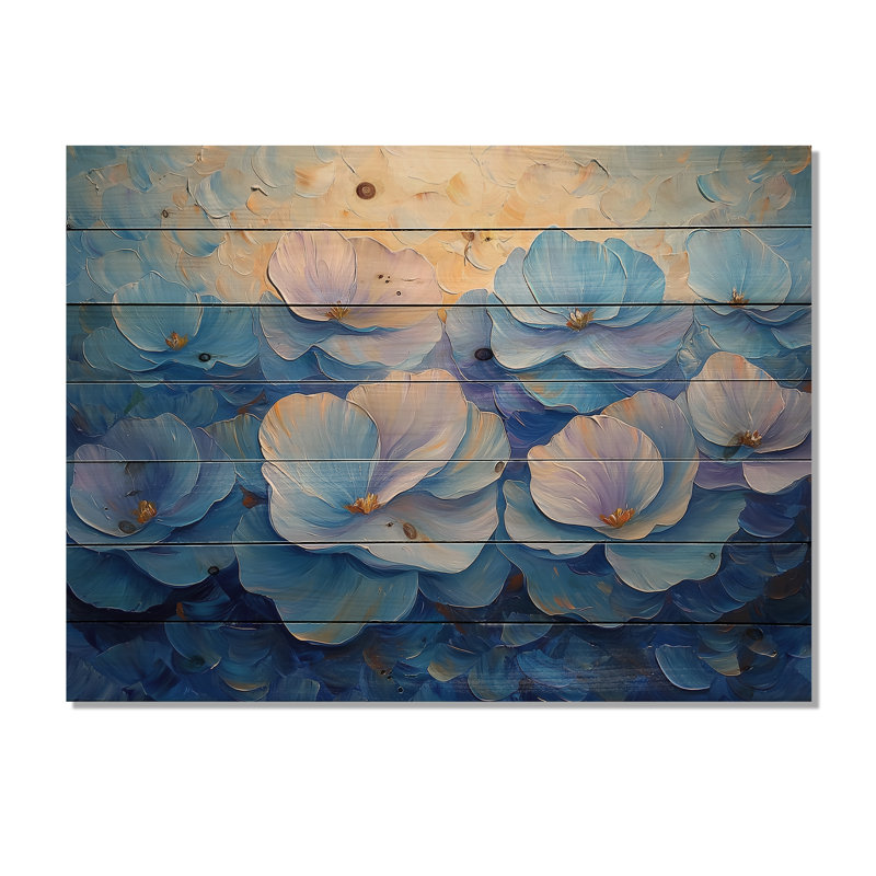Blue Peonies Petals In Harmony IV - Peonies Wood Print - On Natural Pine Wood, 10" H x 20" W x 0.78" D