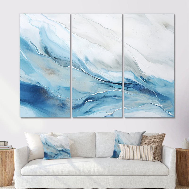 «White and Blue Glacier Charm», ensemble d'art sur toile formes abstraites, H 32 po x l 48 po x P 1 po, Toile tendue