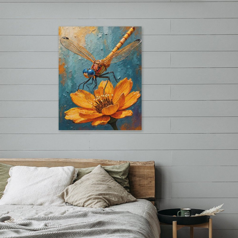 Libellule sur fleur, art mural encadré en bois, l 16 x L 20