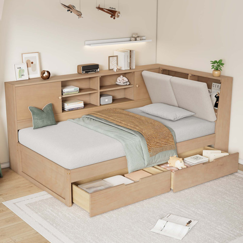 L-shaped Daybed Corner Bed Under-bed Drawers with USB Charging Ports, Natural, Full/Double