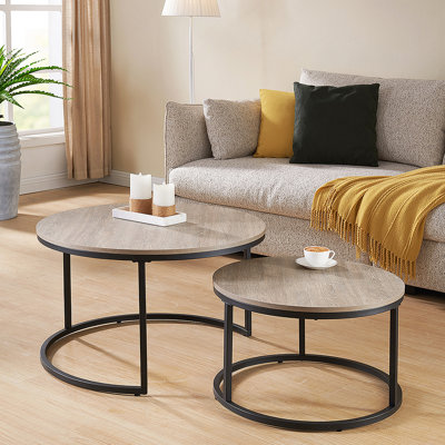 Ensemble de 2 tables basses rondes gigognes, structure en bois de chêne gris moderne et en métal délavé de 31,5 po, tables décoratives rondes empilables de style industriel pour le salon, décor de ferme rustique, assemblage facile