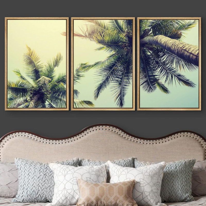 Palmier tropical sur une plage tropicale - ensemble de 3 reproductions de photos, Cadre naturel flottant, H 24 po x l 16 po