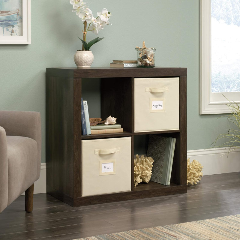 Sauder Stow-Away 4-Cube Organizer With Fabric Bins, Smoked Oak Finish, Versatile Storage Solution For Home Or Office