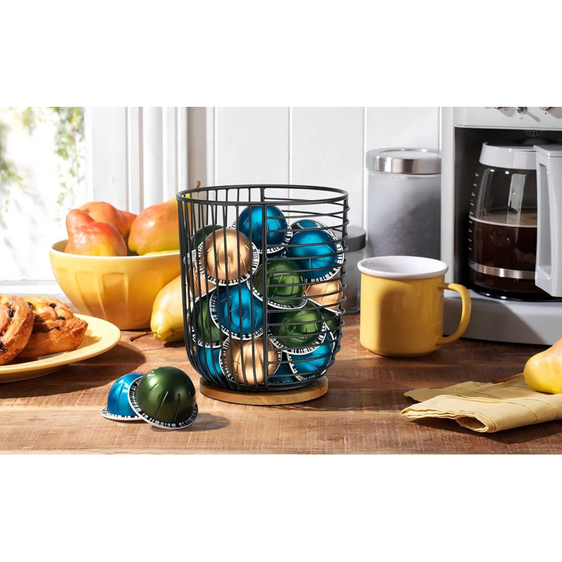 Porte-dosettes de café - Rangement en forme de K en fil noir avec base en bois - Conception mince de grande capacité - Décoration de panier à café moderne pour comptoir de cuisine pour kups et capsules espresso Keurig