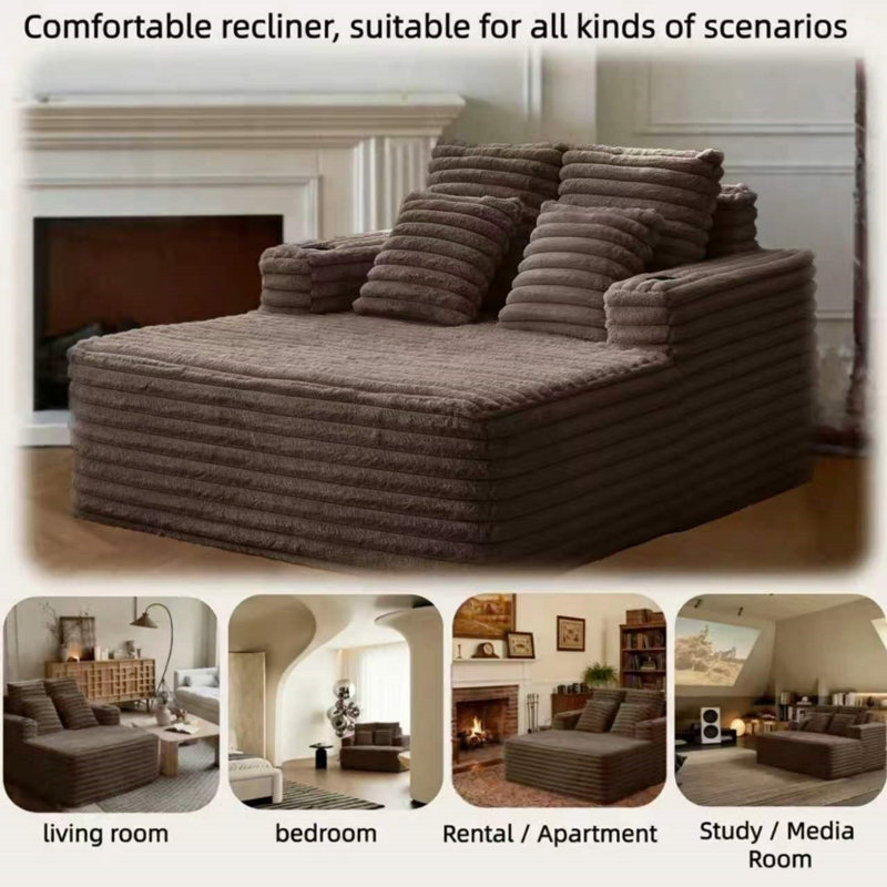 Oversized Chaise Lounge Chair– Corduroy Sleeper, Compression-2 Cup Holders, Brown