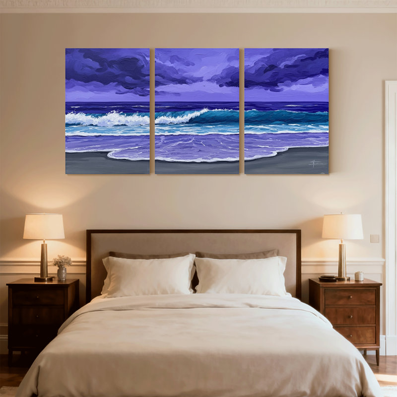 Nautique et plage, océan mauve, vagues côtières, coucher de soleil, ensemble de 3 toiles murales, H 30 po x l 60 po