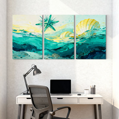 Nautique et plage, océan, vagues, étoile de mer, corail, sable, coucher de soleil, ciel, ensemble de 3 impressions sur toile