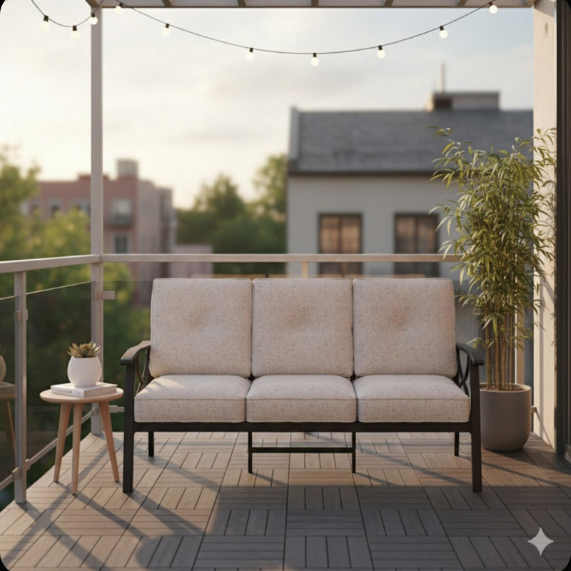 Canapé de patio 70 po à 3 places toutes saisons en métal, structure kaki avec coussins, Beige, Beige