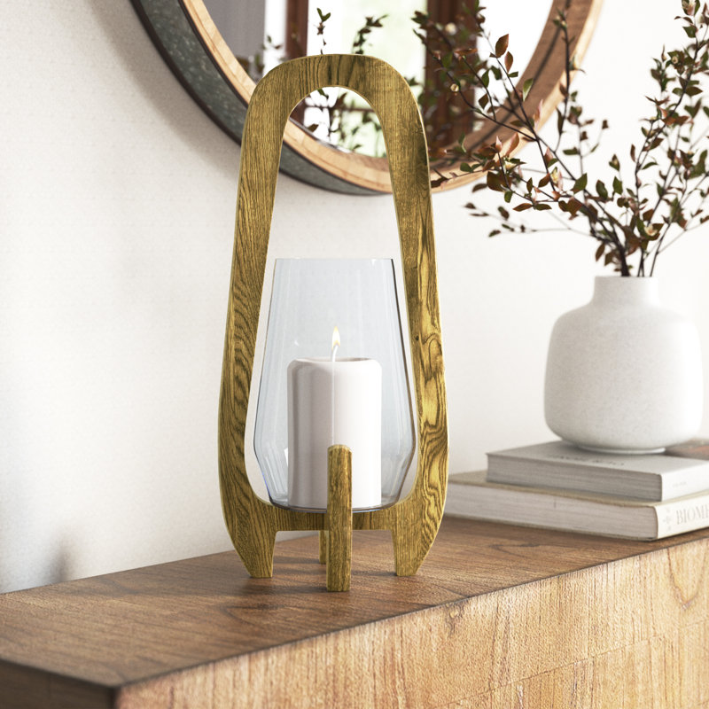 Sculpted Wood Glass Hurricane Lantern, For Decorative Use, Mango Wood and Glass, 15" H x 8" W x 8" D, Black