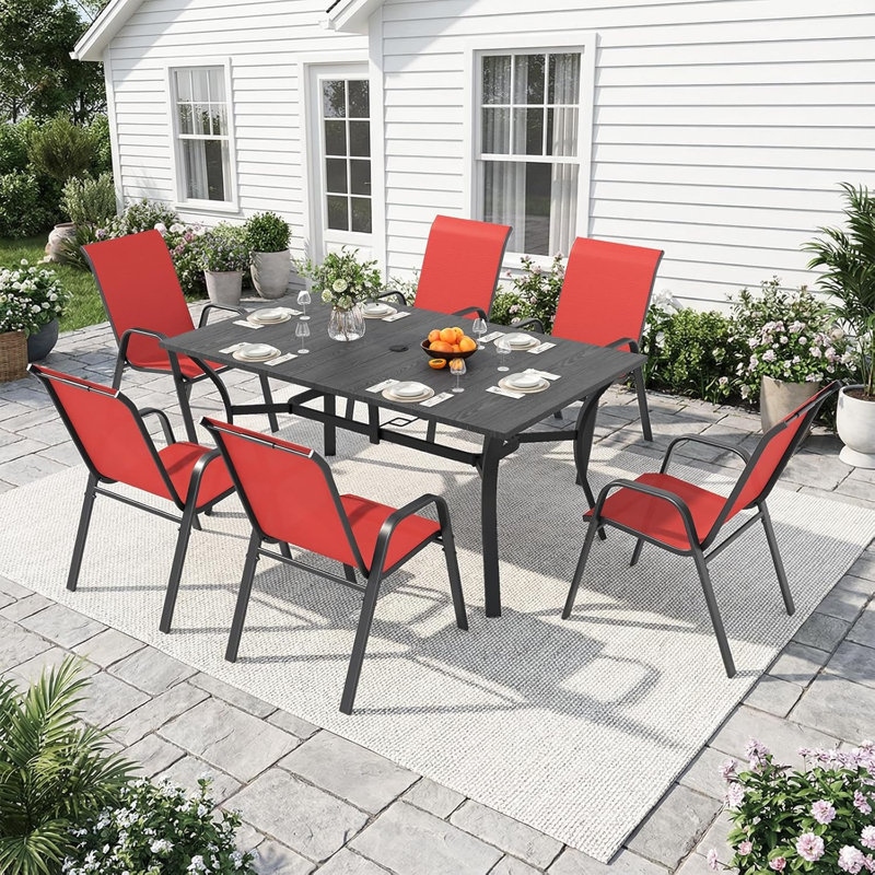 Outdoor Dining Set For 6,7Pcs Patio Table And Chairs Set With Adjustable Umbrella Hole,Heavy Duty 63”X37.8” Metal Dining Table And Stackable Patio Chair For Yard, Garden, Porch,Red