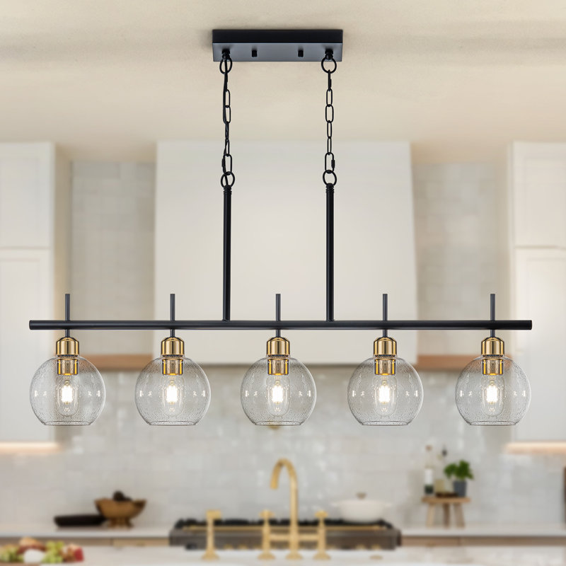 Luminaire suspendu linéaire à 5 lumières pour îlot de cuisine avec abat-jour en verre sphérique, Noir mat / Or